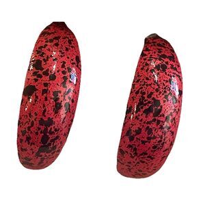 Vintage 80s Hot Pink Splatter Enamel Hoop Earrings Memphis Crescent Posts 1.25"